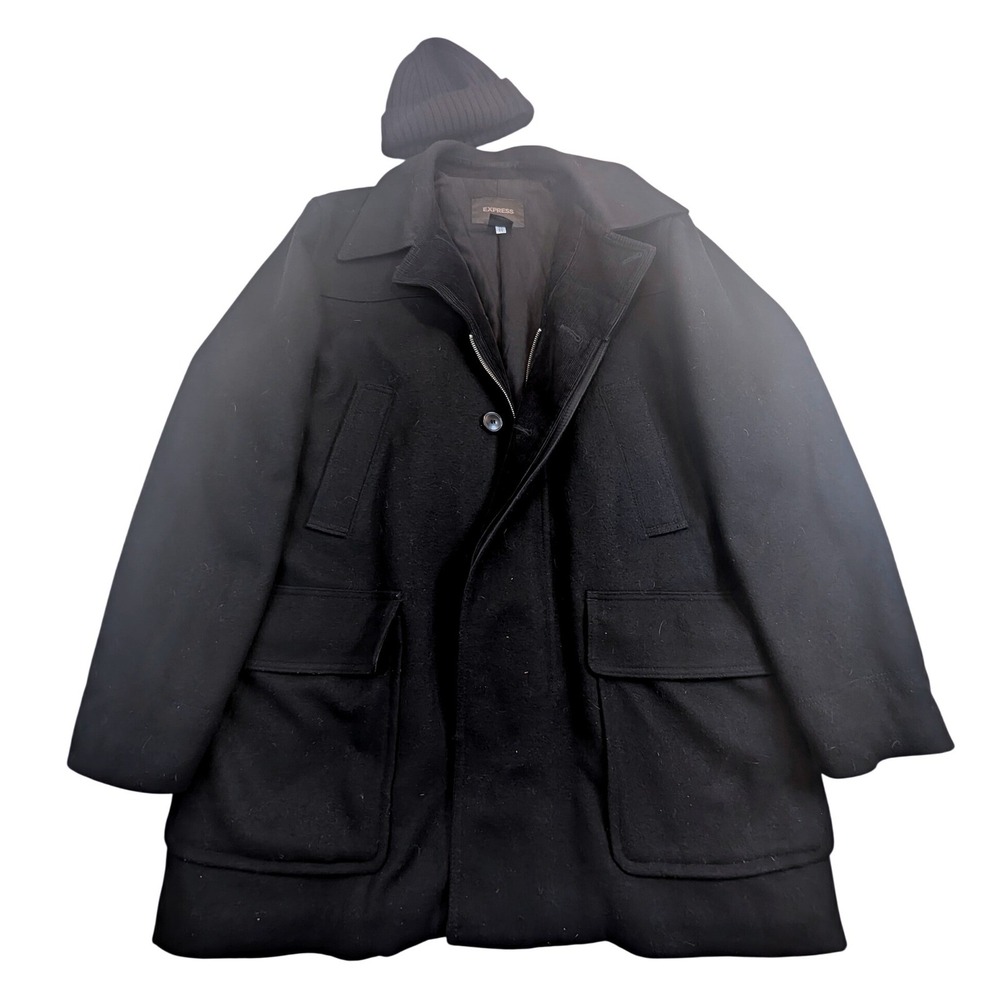 Express Men's Wool-Blend Peacoat with Beanie‎ Set Black Size XL